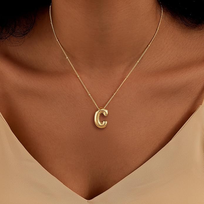 Inerney Valentines Day Gifts Gold Bubble Letter Necklace Initial Necklaces for Women, Chunky 14K Plated Balloon Initials, Trendy Charm Non Tarnish Custom Name Pendant Jewelry Gifts for Mom
