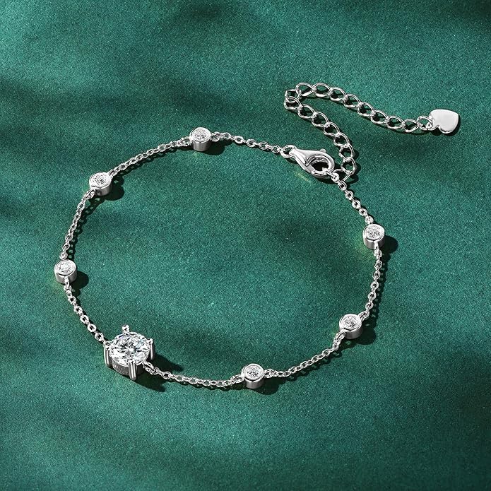 Bezel Station Link Bracelets for Women, 1.36cttw D Color Moissanite Bracelet 925 Sterling Silver for Wife or Mom, Adjustable Chain