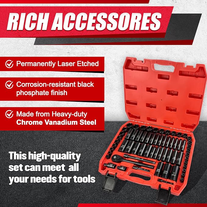 EACELIY 64pcs 3/8" Socket Set, Drive Impact Socket Set, SAE/Metric, Deep & - Image 5