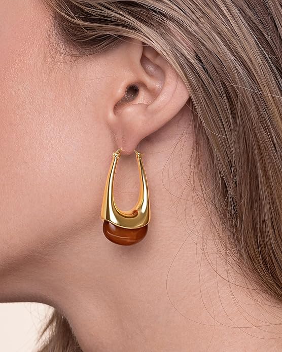 Long Oval Chunky Dangle 18K gold plated Hoops with Colored Resin Gemstone Statement Earrings for Women by SNGIA, (Green, Brown, Blue, Pink, White, Cream), Bold Drop Handmade Exaggerated Irregular Trendy Bohemian Jewelry Gifts, Unique Dangling Teardrop ...