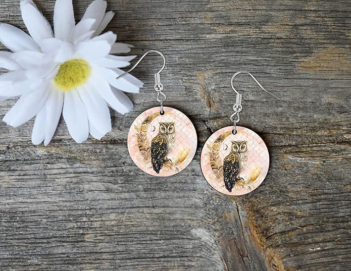 Round Wood Earrings Light Weight Printed Image Dangle Jewelry