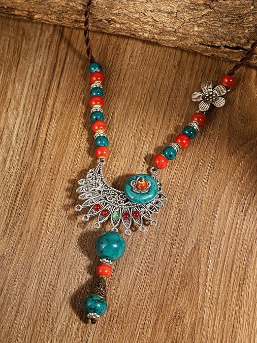 MINACHI Vintage Bohemian Colorful Ceramic Bead Antique Flower Y Necklace, Vintage Boho Hippie Statement Jewelry Gift for Women