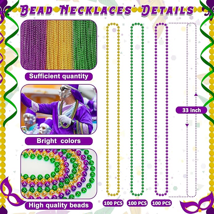 300PCS Mardi Gras Beads Bulk, Mardi Gras Beads Necklace, Parade Throw Accessories Set Decorations Party Supplies