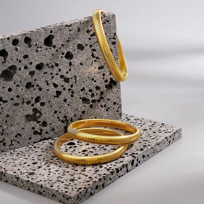 Gold Bangle Bracelets For Women Non Tarnish 14k Gold Plated Stackable Chunky Gold Bracelet Set Stretch Trendy Elastic Snake Chain Bracelet