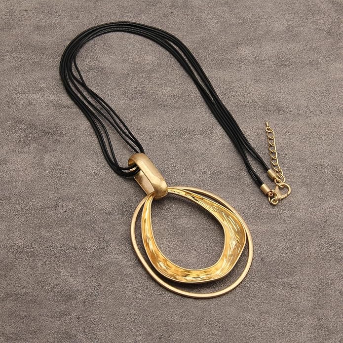 GelConnie Leather Necklace for Women Large Pendant Long Brown Necklace Circle Leather Choker Vintage Sweater Necklace Gold Chunky Boho Necklaces for Women