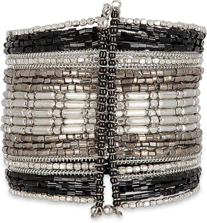 SPUNKYsoul Cuff Bracelets for Women Collection - Adjustable, Stylish Boho Inspired Beaded Bracelets, Trendy Stackable Beads, Ideal for Everyday Wear & Special Occasions (Silver, Black)