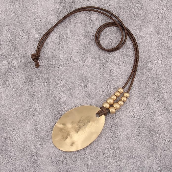 Boho Leather Necklace Women Bohemian Brown Circle Pendant Necklace Choker Long Necklaces for Women Boho Ring Large Pendant