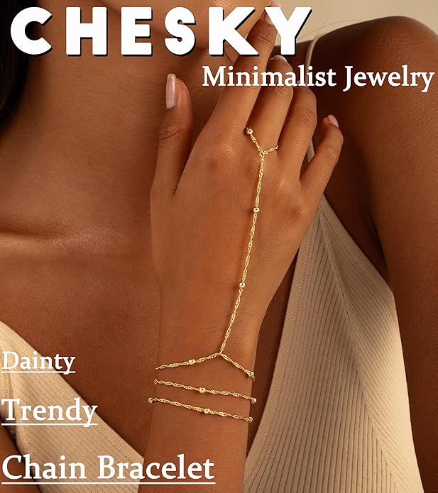 CHESKY 14K Gold Plated Hand Chain Bracelets for Women Set - Dainty Finger Ring Bracelet Stack Adjustable Hand Chains Durable Beaded Bracelets Trendy Simple Body Jewelry Gift for Women