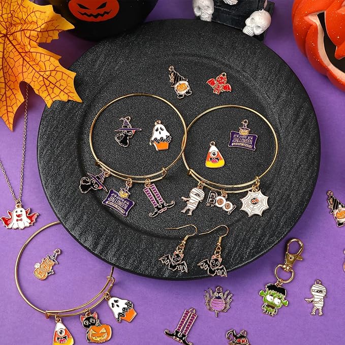 MARFOREVER 40 Pcs/20 Pairs Halloween Charms, Enamel Halloween Charms Bulk Pumpkin Bat Skeleton Witch Spider Candy Charm Pendants for Jewelry Bracelet Necklace Making