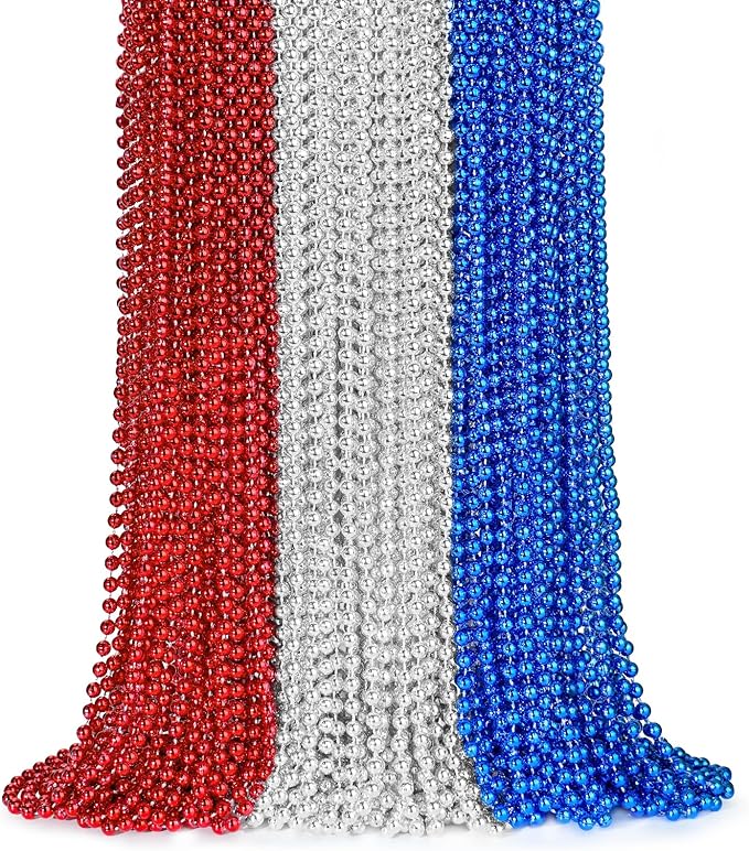 ZYFLSQ 100PCS 4th of July Bead Necklace, 33" 7mm Independence Day Bead Necklaces Bulk, Metallic Beaded Necklaces, 4th of July Accessories for Patriotic Parade Party Favors Decorations(Red/Silver/Blue)