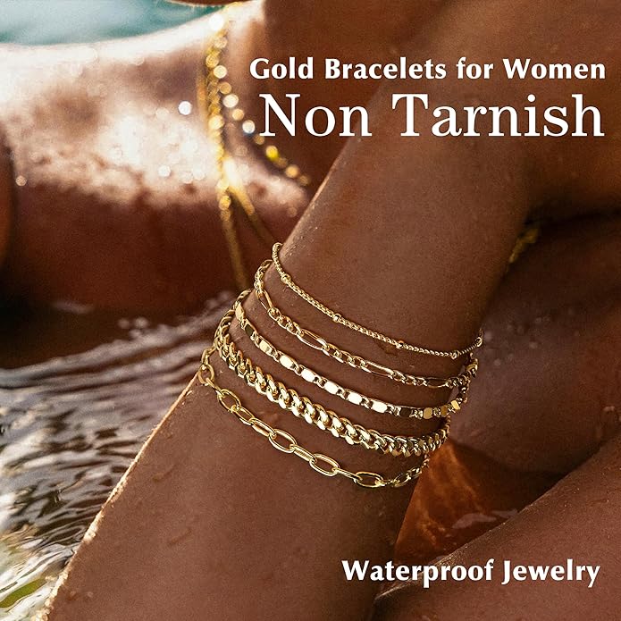 Gold Bracelets Set for Women Non Tarnish Trendy,14K Gold Plated Dainty Stackable Paperclip Cuban Link Chain Bracelets, Simple Cute Cuff Bracelets Jewelry Set Adjustable 7"+2"