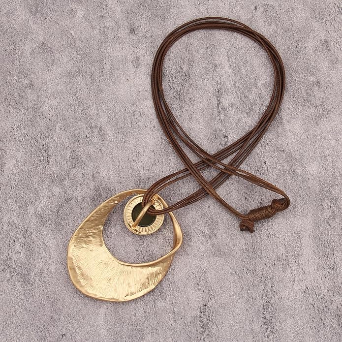 GelConnie Leather Necklace for Women Large Pendant Long Brown Necklace Circle Leather Choker Vintage Sweater Necklace Gold Chunky Boho Necklaces for Women