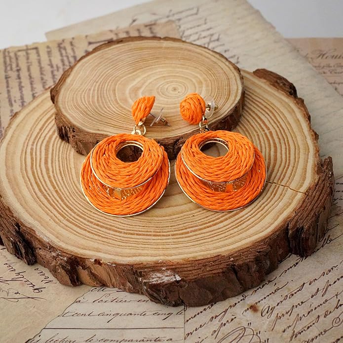 Raffia Hoop Earrings for Women - Boho Straw Wiker Dangle Drop Earrings for Summer Beach, Bohemian Trendy Rattan Jewelry