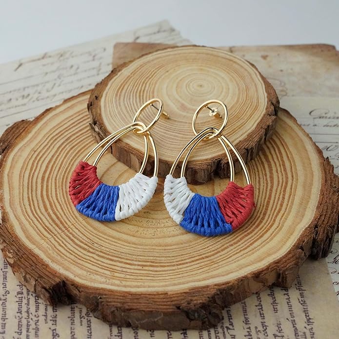 Raffia Hoop Earrings for Women Fun Boho Summer Beach Earrings Lightweight Handmade Straw Wicker Rattan Dangle Earrings Statement Geometric Round Drop Earrings