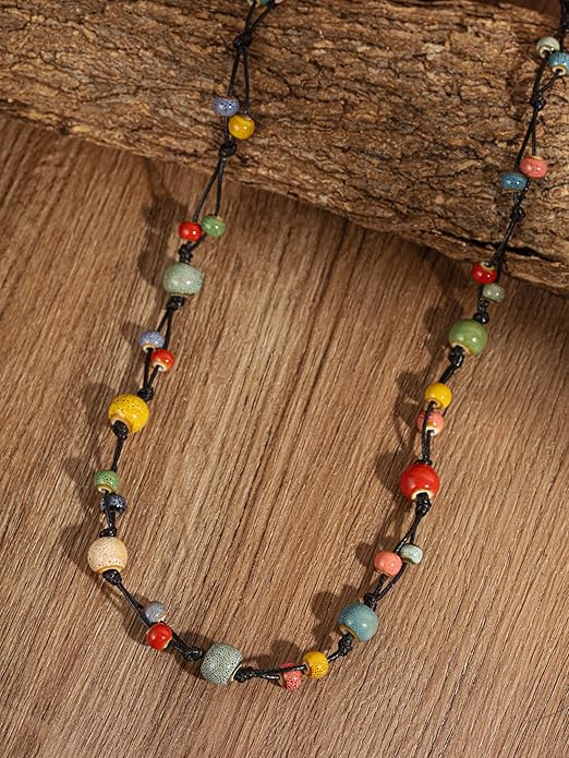 MINACHI Hippie Bohemian Colorful Ceramic Bead Long Strand Necklace, Boho Hippie Beach Summer Statement Jewelry Gift for Women