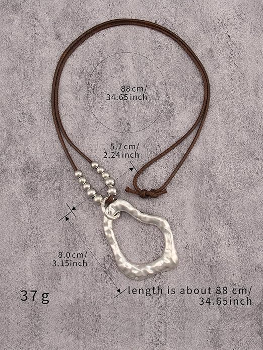 Boho Leather Necklace Women Bohemian Brown Circle Pendant Necklace Choker Long Necklaces for Women Boho Ring Large Pendant