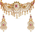 TARINIKA Brass Indian Choker Necklace Set - Gold Plated Cubic Zirconia Indian Jewelry Sets for Women Dangle, Drop, Jhumka Earrings Traditional Desi Necklace Pearls Gift for her