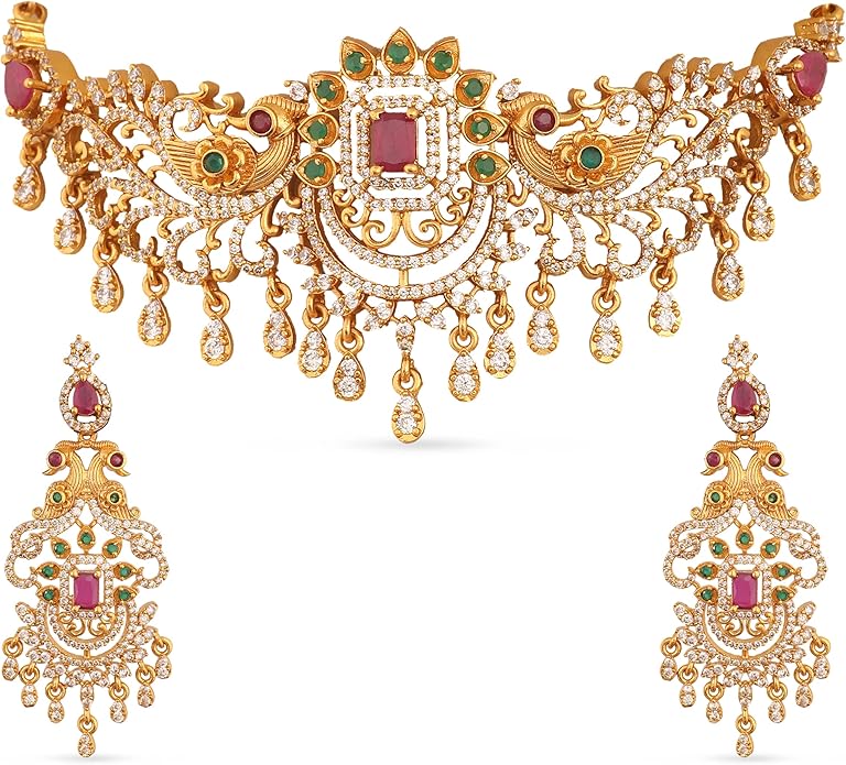 TARINIKA Brass Indian Choker Necklace Set - Gold Plated Cubic Zirconia Indian Jewelry Sets for Women Dangle, Drop, Jhumka Earrings Traditional Desi Necklace Pearls Gift for her