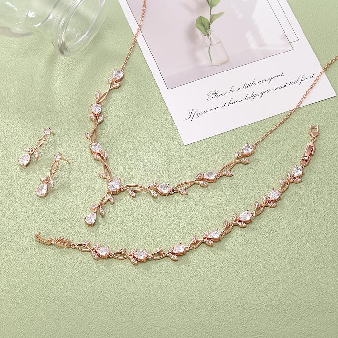 EVER FAITH Bridal Cubic Zirconia Jewelry Sets for Women, White Simulated Pearl Leaf Vine Pendant Wedding Party Necklace Earrings Set for Bridesmaid Bride