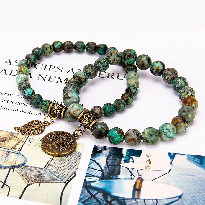 Bivei Natural Semi Precious Gemstone beads bracelet for women - Life Tree and Leaf Charm Energy Reiki Crystal Stretch Bracelets