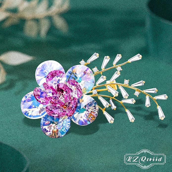 Brooches For Women,14k Gold Plated Copper,Crystal Roselle Cubic Zirconia Brooch Pins For Women ，Crystal Broach,Flower Broach