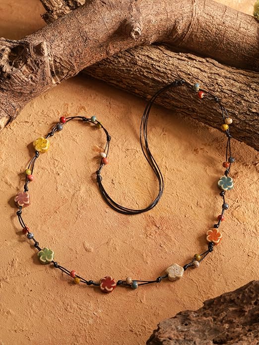 MINACHI Hippie Bohemian Colorful Ceramic Bead Long Strand Necklace, Boho Hippie Beach Summer Statement Jewelry Gift for Women