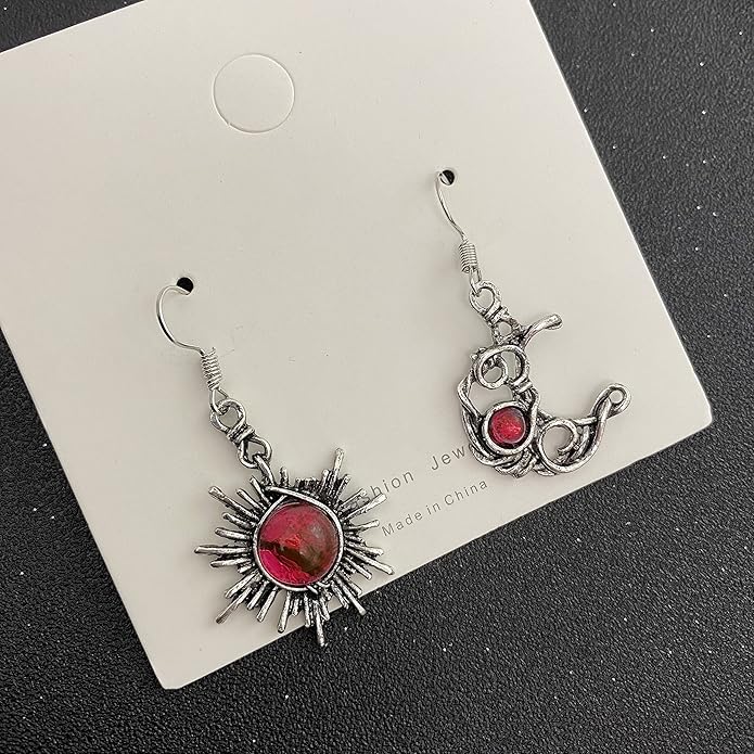 ANDPAI Unique Chic Abstract Hollow Black Vintage Silver Asymmetry Moon Star Sun Dangle Drop Earrings Black Moonstone Moon Hypoallergenic Earrings for Women Statement Jewelry Gifts