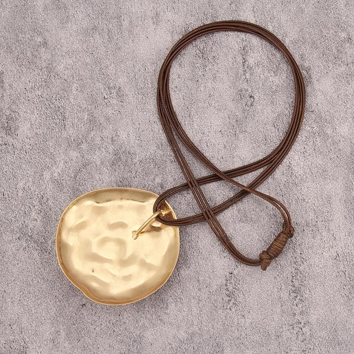 GelConnie Leather Necklace for Women Large Pendant Long Brown Necklace Circle Leather Choker Vintage Sweater Necklace Gold Chunky Boho Necklaces for Women