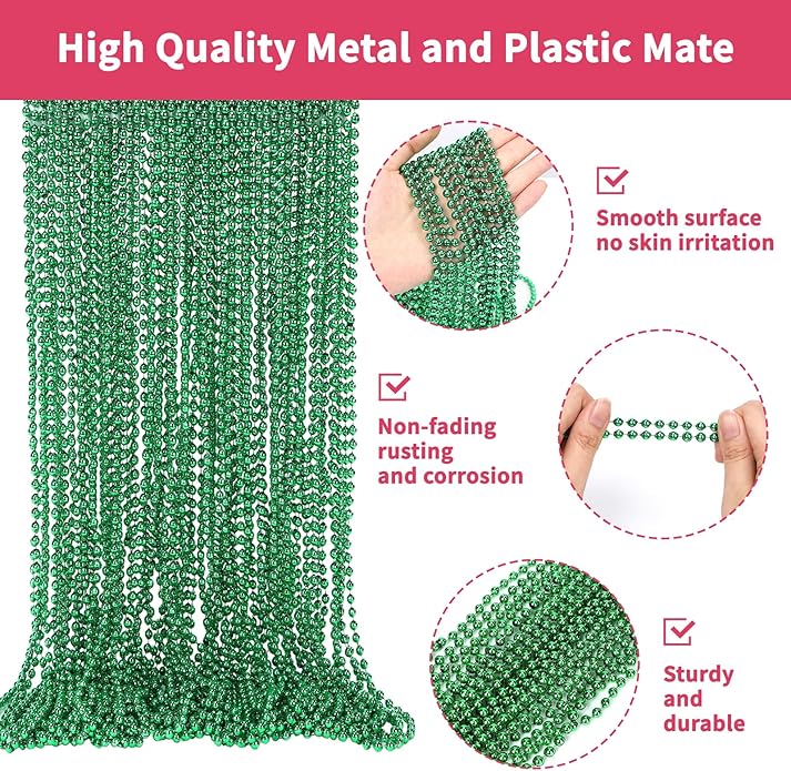 Mardi Gras Beads Necklaces, 33 Inch Plastic Beads for Party Favors, Festival Decorations, Parade Throws, Christmas, St. Patrick's Day Celebrations