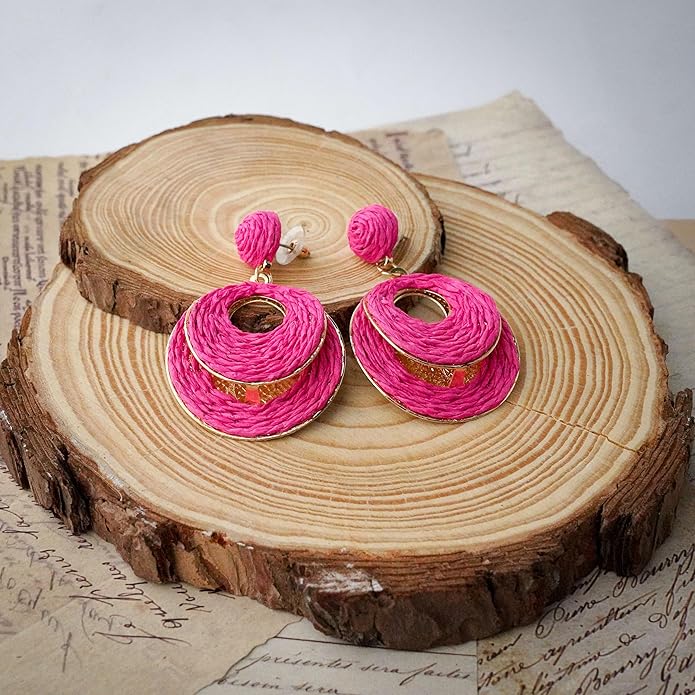 Raffia Hoop Earrings for Women - Boho Straw Wiker Dangle Drop Earrings for Summer Beach, Bohemian Trendy Rattan Jewelry