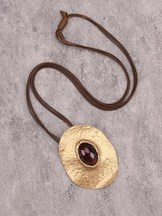 GelConnie Leather Necklace for Women Large Pendant Long Brown Necklace Circle Leather Choker Vintage Sweater Necklace Gold Chunky Boho Necklaces for Women