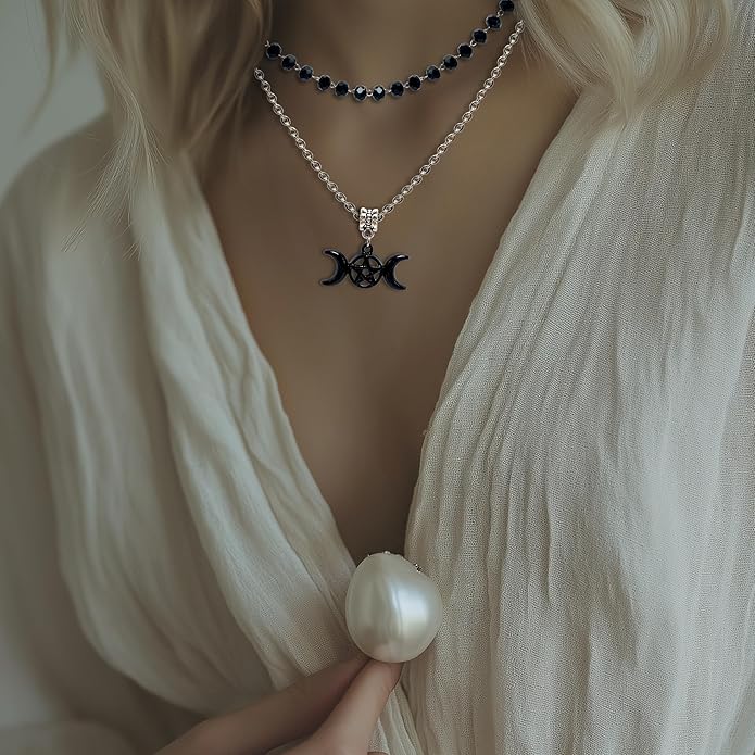 Black Stylish Gothic Necklace, Layered Beads Sun Necklace for Women, Black Bead Onyx Necklace, Goth Jewelry for Biker, Hiphop Punk Style for Women, Teenage