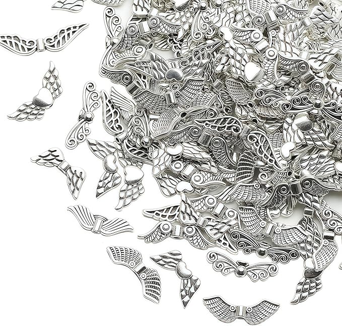 Dahi 200pcs Angel Wing Beads Tibetan Alloy Fairy Wing Charms Wings Spacer Loose Beads Silver Wings Beads for Jewelry Making-DIY Bracelets Earrings Supplies