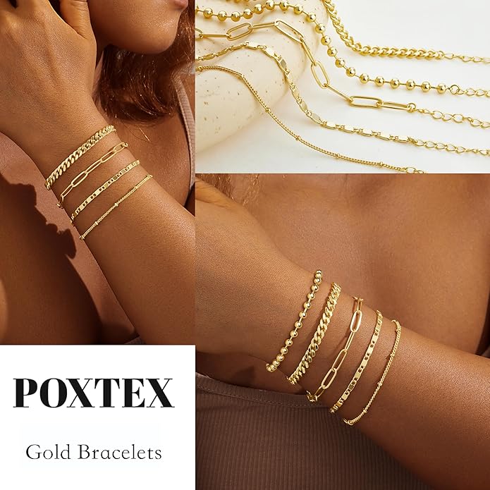 Gold Bracelets Set for Women Stack, Dainty Thick Bracelets Stack for Women Trendy, Simple Thin Gold Plated Cuff Stackable Bracelets With Beaded Cuban Paperclip Snake Rope Bangle Hand Chain Jewelry Gifts for Women Non Tainish