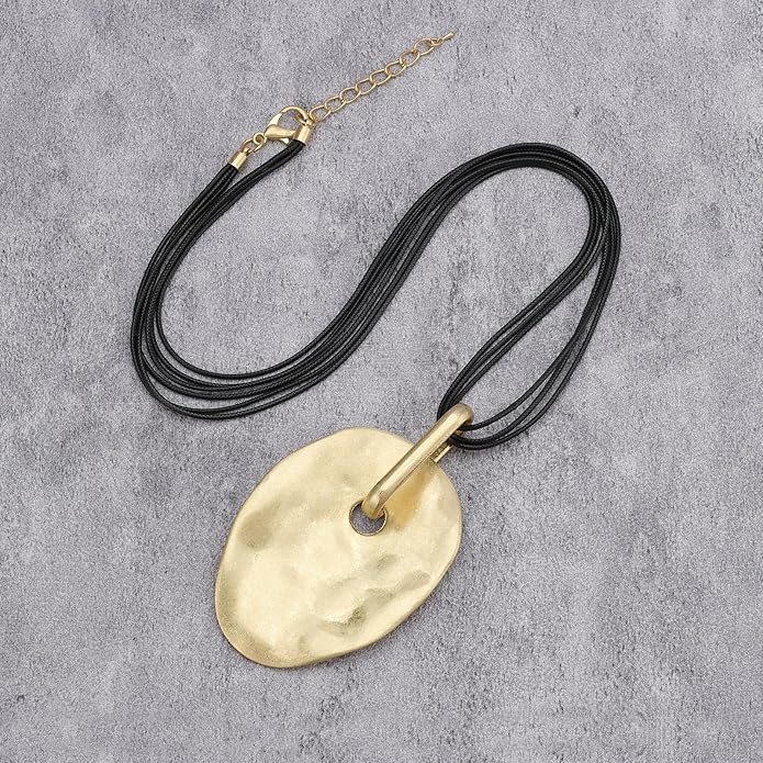 GelConnie Leather Necklace for Women Large Pendant Long Brown Necklace Circle Leather Choker Vintage Sweater Necklace Gold Chunky Boho Necklaces for Women