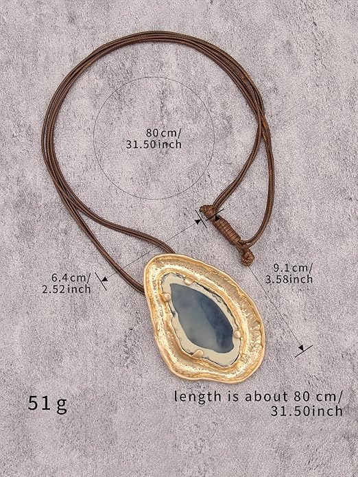GelConnie Leather Necklace for Women Large Pendant Long Brown Necklace Circle Leather Choker Vintage Sweater Necklace Gold Chunky Boho Necklaces for Women