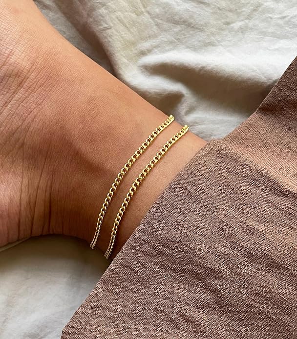 DEARMAY Dainty 14K Gold Plated Ankle Bracelets for Women, Waterproof 14K Gold Plated Link Chain Anklets Non Tarnish Set Pack Summer Beach Jewelry Gift