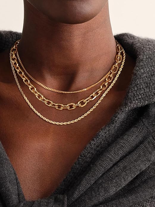 Gold Necklace for Women - Chunky 14K Gold Plated Chain Necklace Cuban Link Paperclip Chain Herringbone Statement Choker Necklace for Women Simple Trendy Jewelry Gifts