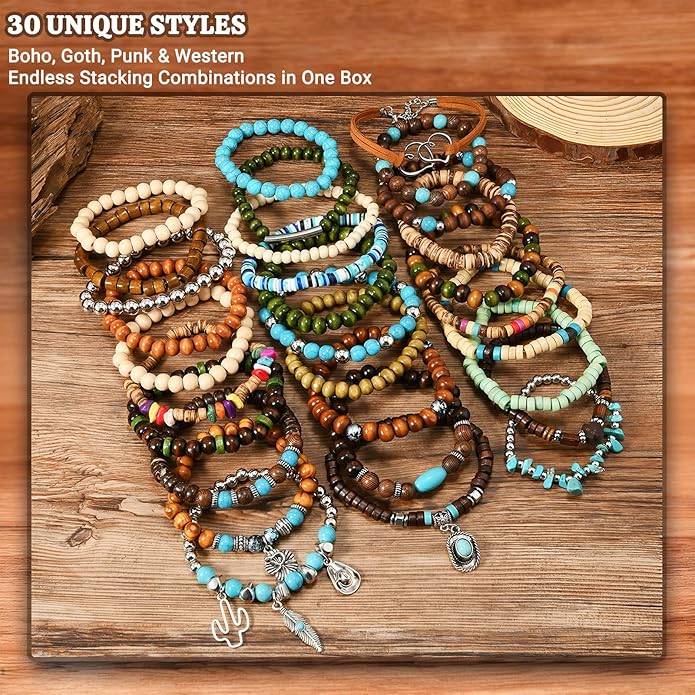 Punk Beaded Bracelets Pack for Men Women, Mens Bracelet Set with Beads, Mens Bead Bracelet Stackable Gothic Boho Adjustable Men Bead Bracelet Pack