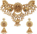 TARINIKA Brass Indian Choker Necklace Set - Gold Plated Cubic Zirconia Indian Jewelry Sets for Women Dangle, Drop, Jhumka Earrings Traditional Desi Necklace Pearls Gift for her