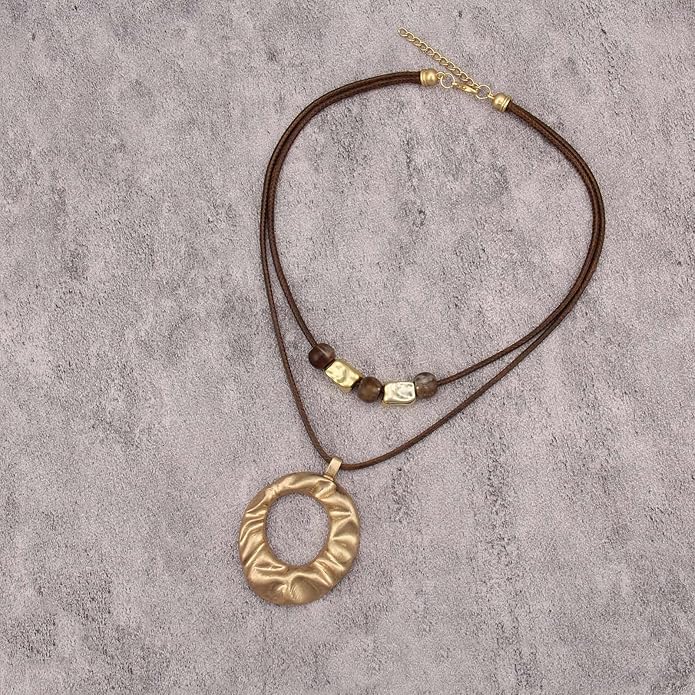 Boho Necklaces for Women Chunky Circle Necklace Layered Boho Circle Leather Choker Necklace Long Vintage Necklaces Bohemian Jewlery Gifts