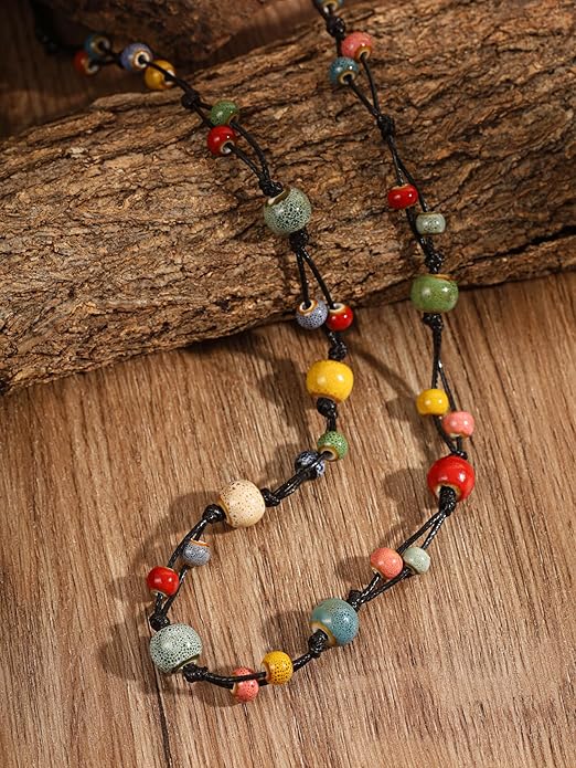 MINACHI Hippie Bohemian Colorful Ceramic Bead Long Strand Necklace, Boho Hippie Beach Summer Statement Jewelry Gift for Women