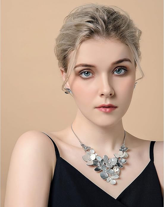 AMYJANE Vintage Statement Jewelry Set - Spring Leaf Flower Floral Plant Necklace Earring Set Crystal Rhinestone Fashion Costume Jewelry for Women Prom Party Unique Gift