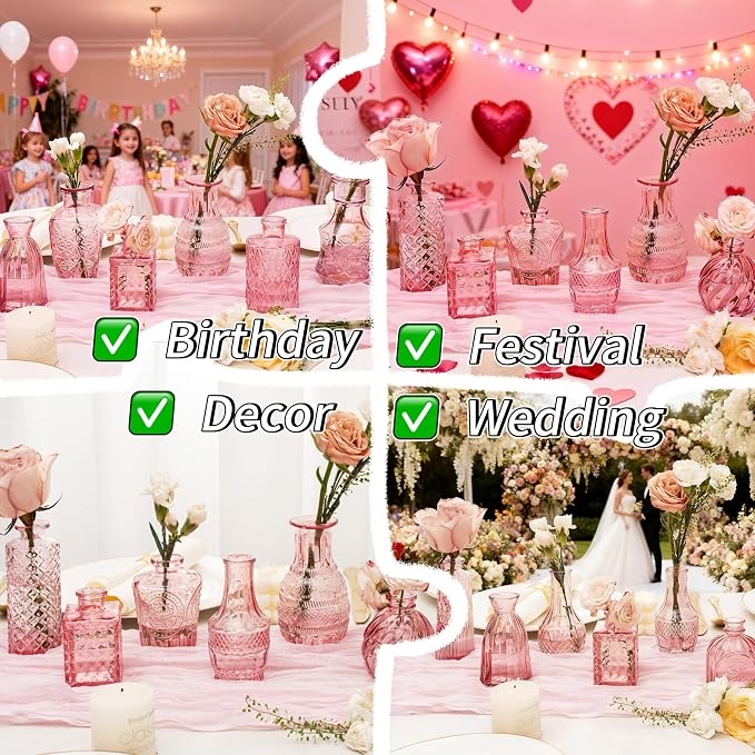 Clear Pink Glass Bud Vase Set of 12 Pcs, Small Bud Vases in Bulk, Glass Crystal - Image 7