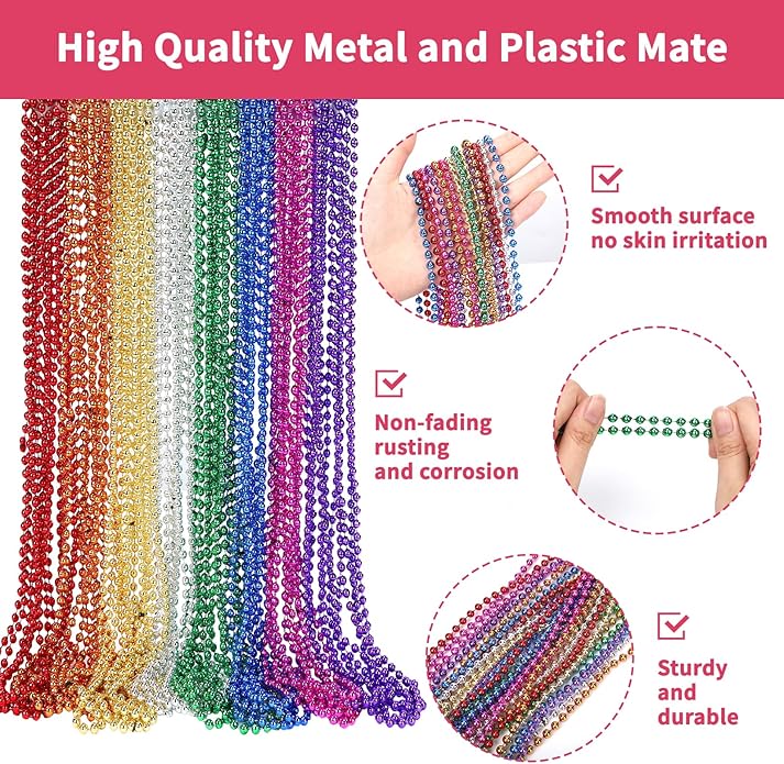 Mardi Gras Beads Necklaces, 33 Inch Plastic Beads for Party Favors, Festival Decorations, Parade Throws, Christmas, St. Patrick's Day Celebrations