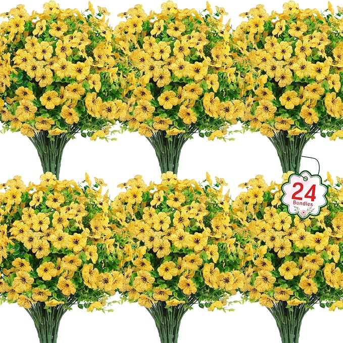 24 Pcs Artificial Flowers for Outdoors Decorations, UV resistant, faux plastic by OuddyDecor