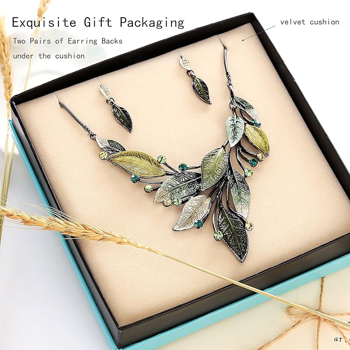 AMYJANE Vintage Statement Jewelry Set - Spring Leaf Flower Floral Plant Necklace Earring Set Crystal Rhinestone Fashion Costume Jewelry for Women Prom Party Unique Gift