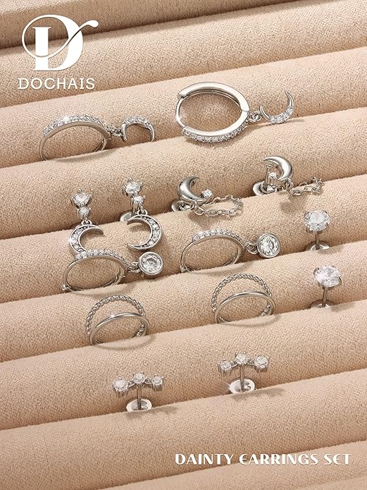 Dochais Flat Back Cartilage Earrings for Women Trendy Dainty CZ Flatback Studs Earing Sets 14k Gold Plated Hypoallergenic Huggie Hoops Earring Stacks for Multiple Piercing