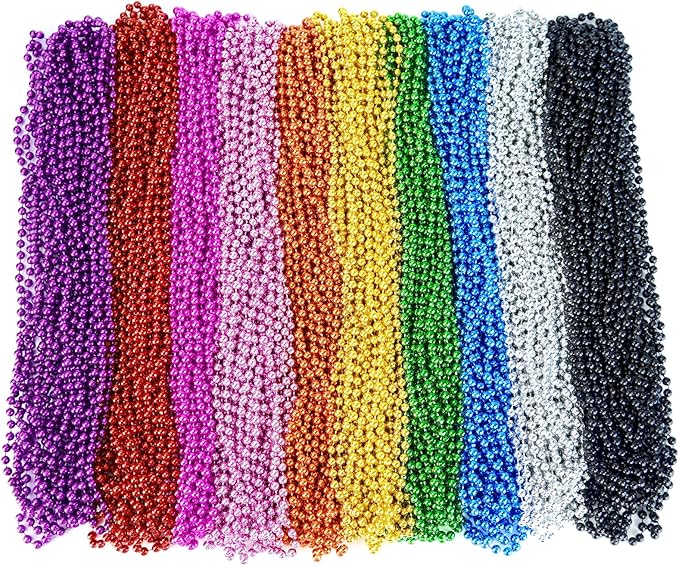 ZYFLSQ 100 Pcs Mardi Gras Beads Necklaces Bulk, 33" 7mm Multi Colors Metallic Beaded Necklaces for Party Costume Necklaces (10 Colors)