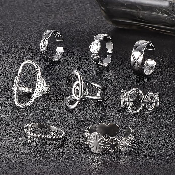 LOLIAS 16Pcs Stackable Stainless Steel Rings for Women Chunky Silver Rings Non Tarnish Ring Open Adjustable Thumb Finger Statement Ring Set